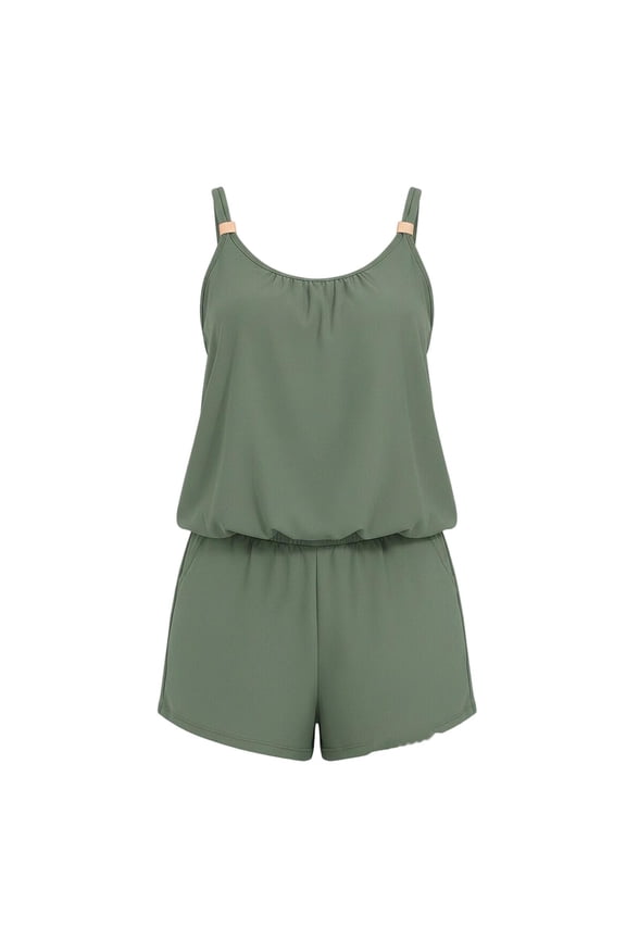 Romper One Piece Swimsuits with Short for Women, Solid Color Bathing Suit with Pockets Summer Beach Vacation Swimwear Green XL