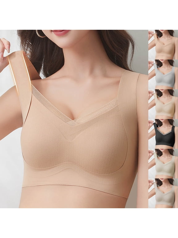 Seamless Bras for Women No Underwire Comfortable Push Up Wireless Bra Mesh Stitching Padded Back Smoothing Bra Beige XL