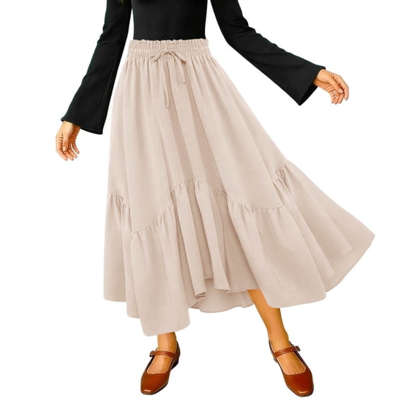 Hduncf Skirts for Women Elastic High Waist Long Skirt Solid Color Casual Flowy Tiered Skirt Trendy Summer Half Body Skirt Beige XL