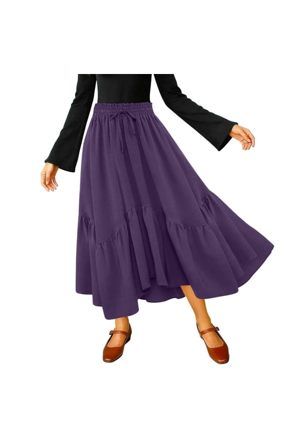 Skirts for Women Elastic High Waist Long Skirt Solid Color Casual Flowy Tiered Skirt Trendy Summer Half Body Skirt Purple XXL