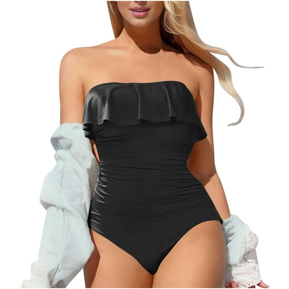 Hduncf Strapless One Piece Swimsuits for Women Tummy Control Bandeau Bathing Suits Ruffle Slimming Swimwear Black S