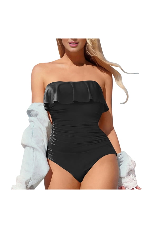 Strapless One Piece Swimsuits for Women Tummy Control Bandeau Bathing Suits Ruffle Slimming Swimwear Black S