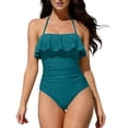 thumbnail image 1 of Hduncf Strapless Swimsuits for Women Bandeau Ruched Ruffle Bathing Suits One Piece Halter Tummy Control Slimming Swimwear Green XL, 1 of 6