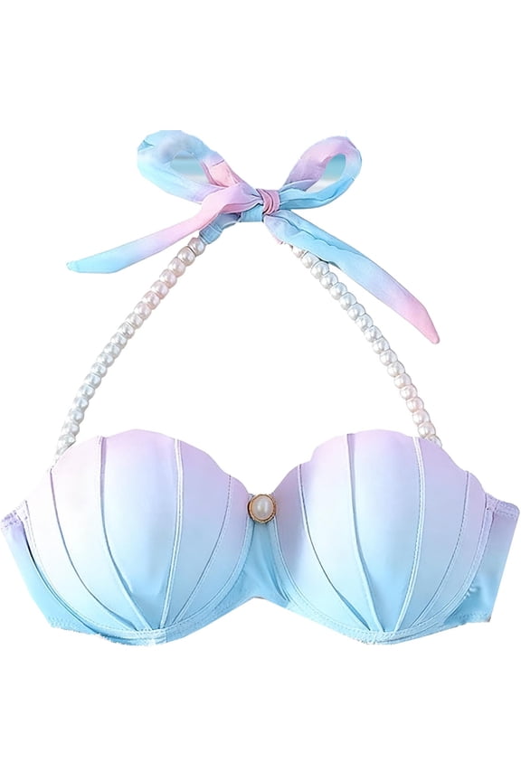 Strappy Seashell Bikini Top Cute Swim Tops Push Up Bathing Suit Shell Bra Tops for Women with Underwire Blue XXL