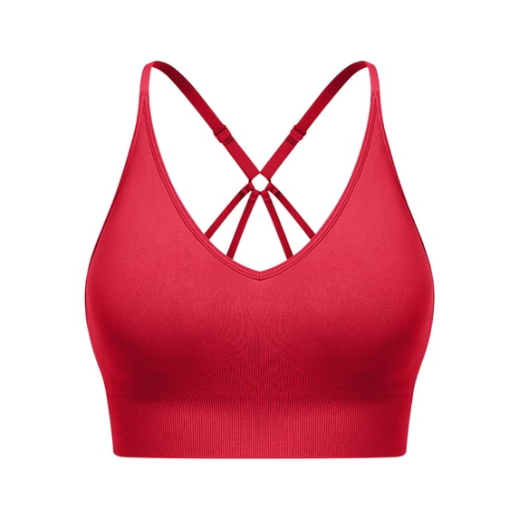 Hduncf Strappy V Neck Sport Bra for Women, Padded Seamless Wireless Supportive Racerback Criss Cross Workout Yoga Bras Red XXL