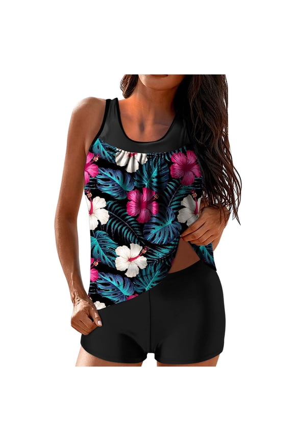 Tankini Swimsuits for Women Two Piece Floral Swimsuits Tank Top with High Waisted Tummy Control Shorts Bathing Suits Multicolor XXL