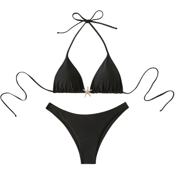 Hduncf Thong Bikini Set Women Cheeky Triangle Bikini Swimsuits Bathing Suit String Tops Mid-Rise Bottom Bathing Suit Black M