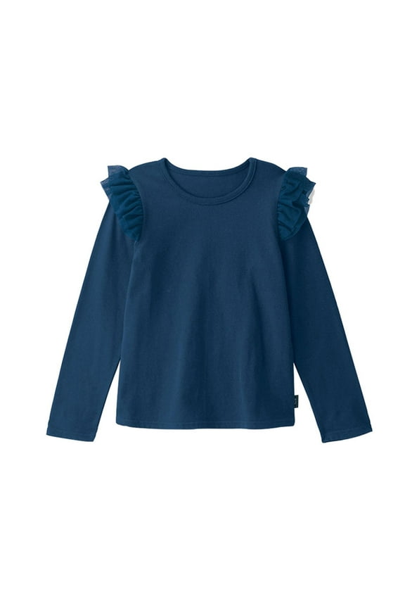 Toddler Girls Base Shirt Casual Solid Color Pullover Crewneck Shirts Fall Winter Long Sleeve Ruffle Tops 1-12Y Navy 6 Years