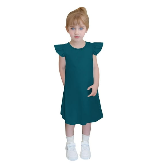 Hduncf Toddler Girls Flutter Sleeve Casual Sundress Kids Cute Ruffle Sleeve Dress Solid Loose Summer Dress Blue 4 Years