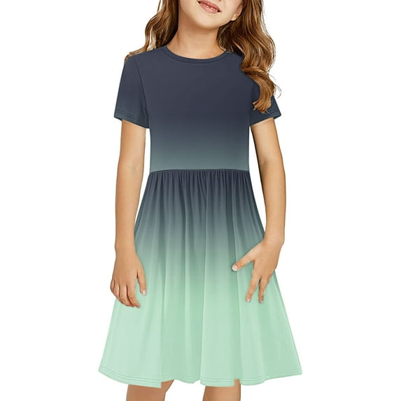 Hduncf Toddler Girls Gradient Color Summer Dress Short Sleeve Crewneck A-Line Dress Fashion Comfortable Swing Pleated Dress Green 7 Years