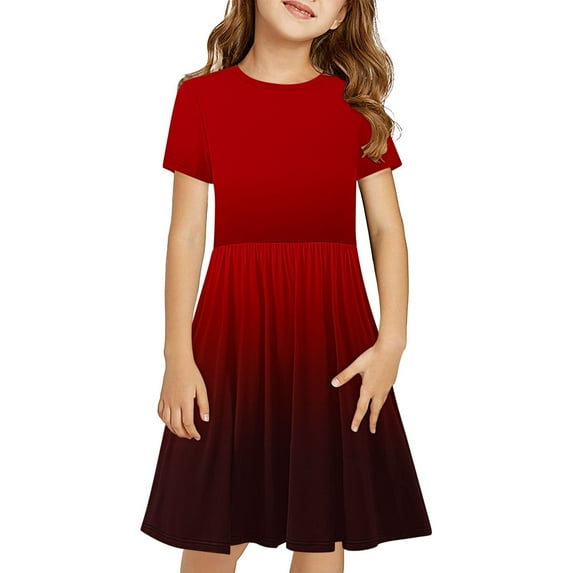 Hduncf Toddler Girls Gradient Color Summer Dress Short Sleeve Crewneck A-Line Dress Fashion Comfortable Swing Pleated Dress Red 4 Years