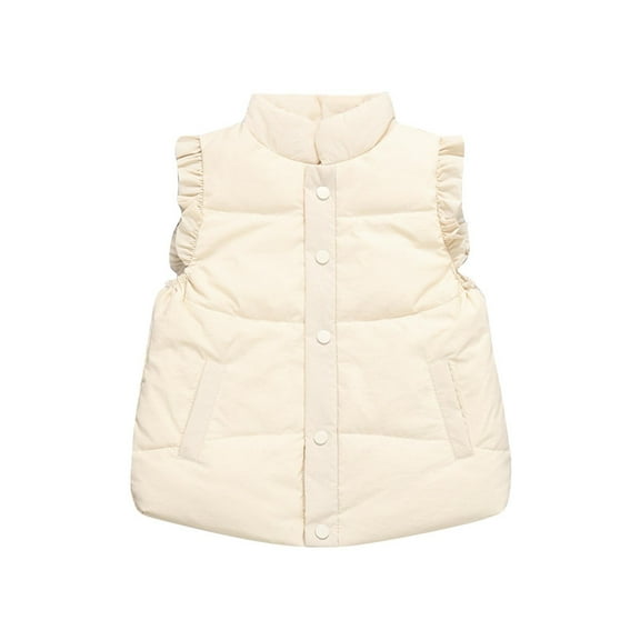Hduncf Toddler Girls Warm Puffer Vest Ruffle Sleeveless Button Lightweight Winter Quilted Jackets Outerwear Beige 2 Years
