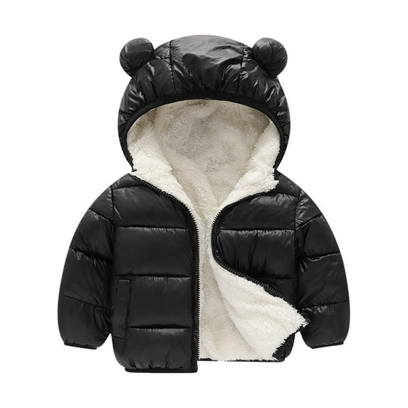 Hduncf Toddler Kids Boys Girls Cute Ears Fleece Lined Plush Down Winter Thick Keep Warm Hooded Coat Puffer Jacket Black 12 Months