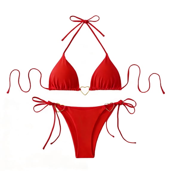 Hduncf Two Piece Bathing Suits for Women Drawstring Adjustment Bikinis Triangle Halter Tie Back Tie Side Bows Red L