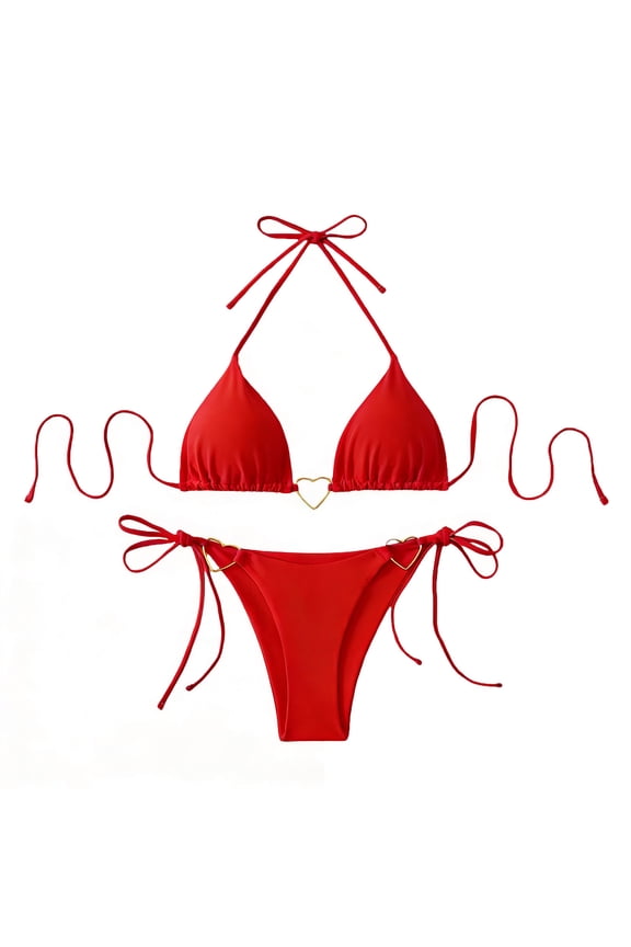 Two Piece Bathing Suits for Women Drawstring Adjustment Bikinis Triangle Halter Tie Back Tie Side Bows Red S