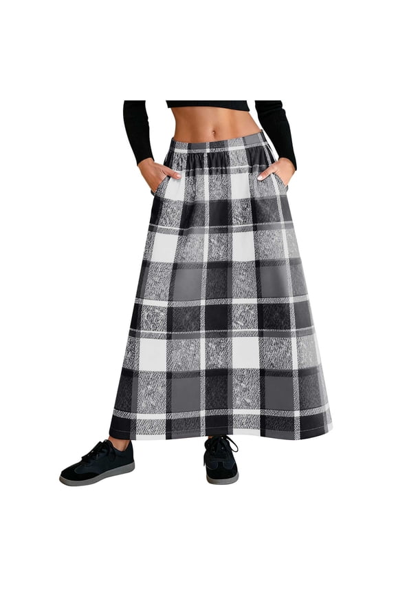 Vintage Woolen Plaid Maxi Skirt for Women Elegant High Waisted Loose A-Line Business Casual Skirts with Pockets Gray XXL