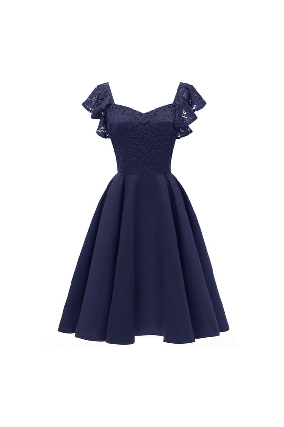 Wedding Guest Dresses for Women Temperament Short Sleeves Casual Fit and Flare Cocktail Formal Dress for Party Blue L