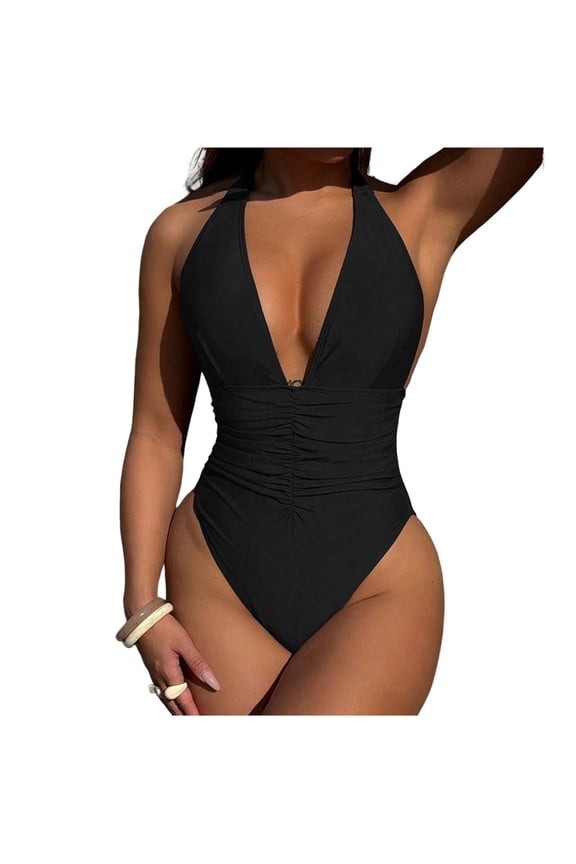 Women Halter Deep V One Piece Swimsuit, Backless Ruched Tummy Control High Cut Cheeky Bathing Suit Beach Vacation Black L