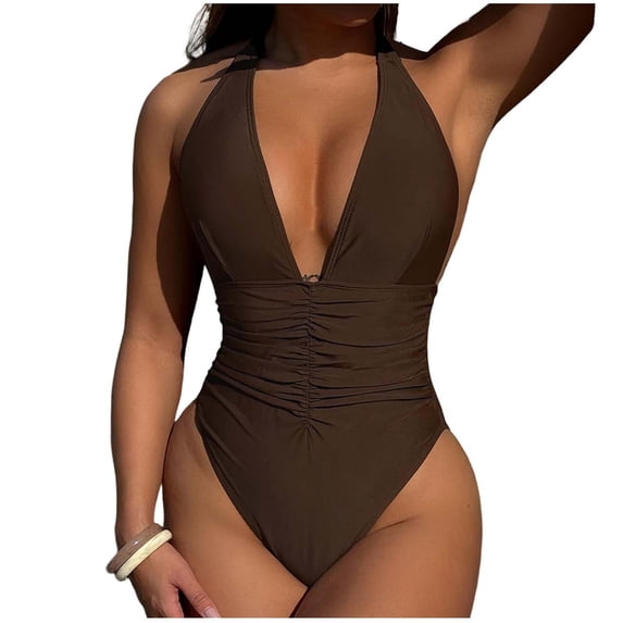 Hduncf Women Halter Deep V One Piece Swimsuit, Backless Ruched Tummy Control High Cut Cheeky Bathing Suit Beach Vacation Brown L