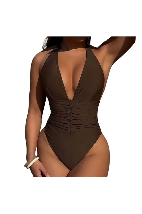 Women Halter Deep V One Piece Swimsuit, Backless Ruched Tummy Control High Cut Cheeky Bathing Suit Beach Vacation Brown L