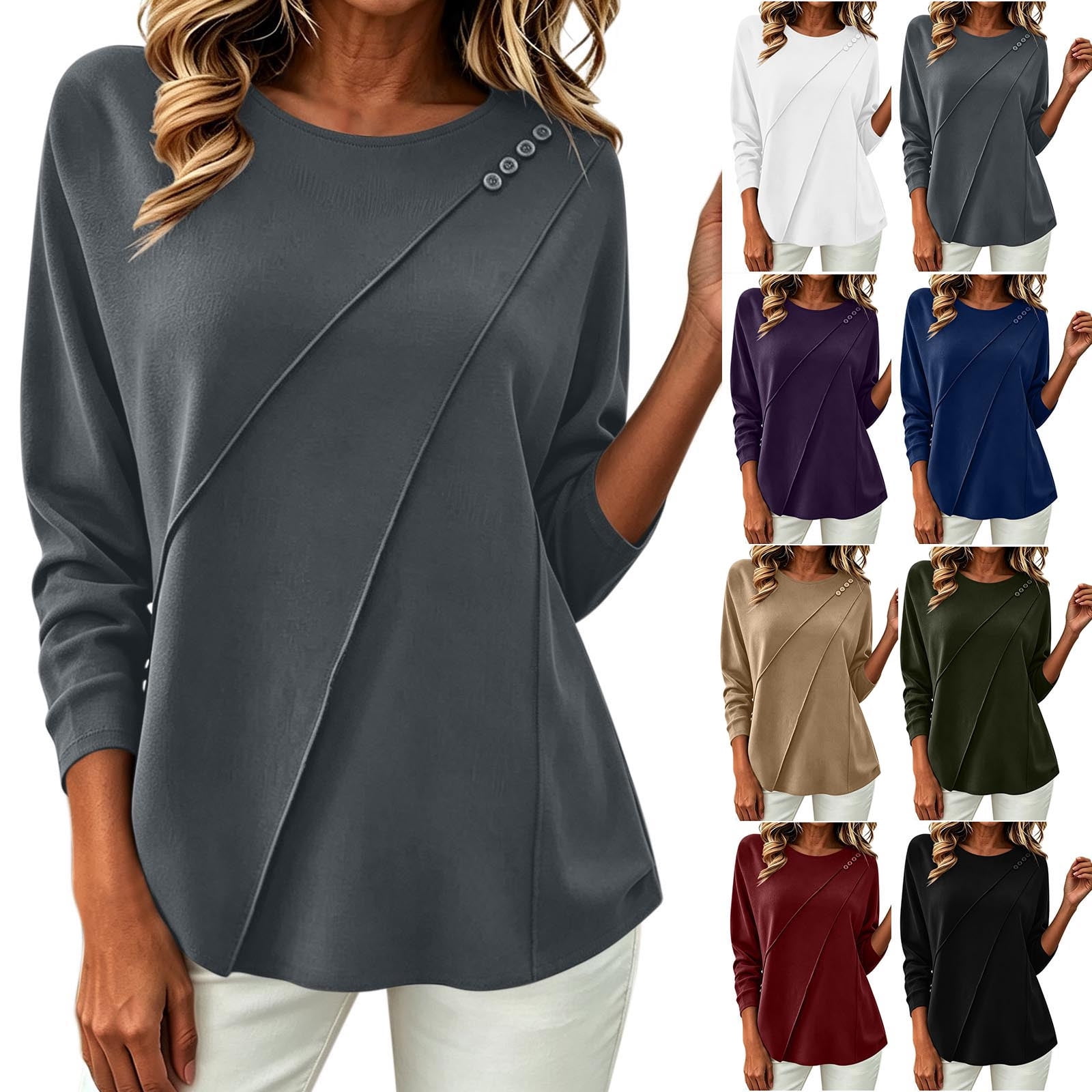 Eta Basic Electronics Hduncf Women Long Sleeve Shirts Pleated Button Decorative Crew Neck ...
