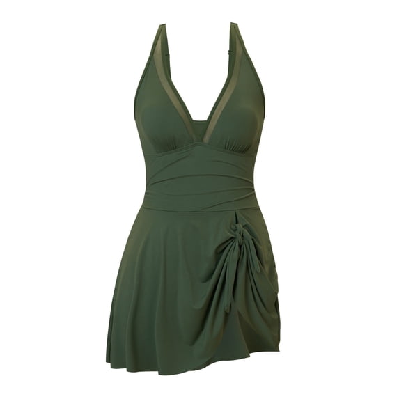 Hduncf Women One Piece Swim Dress with Chest Pad Deep V Neck Swimsuit with Skirt Tummy Control Swimdress Pleated Fashion Bathing Suit Green XL