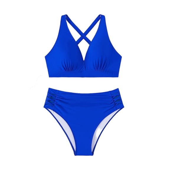 Hduncf Women Plus Size Bikini Set Cross Back V Neck 2 Piece Bathing Suit Swimsuit Crisscross Hollow Out Tummy Control Swimwear Blue XXXL