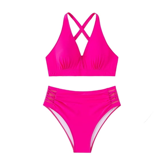Hduncf Women Plus Size Bikini Set Cross Back V Neck 2 Piece Bathing Suit Swimsuit Crisscross Hollow Out Tummy Control Swimwear Pink XXL
