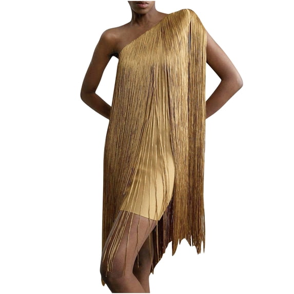 Hduncf Women Solid Color Elegant Party Tassel-embellished Neck-length Dress One Shoulder Long Dress Gold M