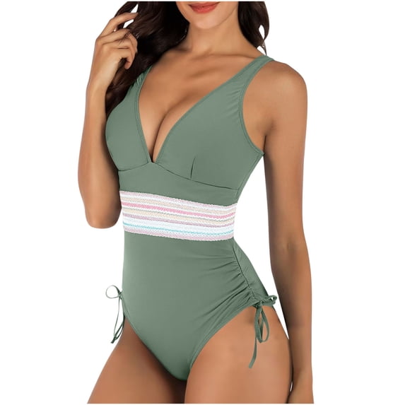 Hduncf Women Tummy Control Swimsuits One Piece Slimming Bathing Suit Beachwear Color Block Drawstring Swim Suits Green XL