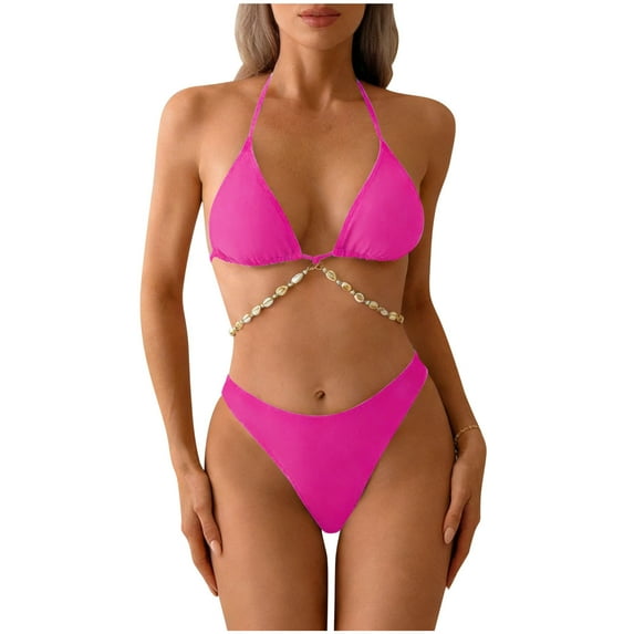 Hduncf Women's 2 Piece Bikini Set Triangle Halter Tie Back Bathing Suit Set Solid Color Backless High Cut Swimsuit Pink S