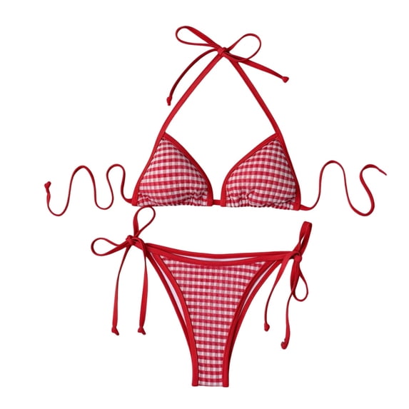 Hduncf Women's 2 Piece Plaid Gingham Swimsuit Halter String Triangle Bikini Sets Side Tie Cheeky Bathing Suits Red L