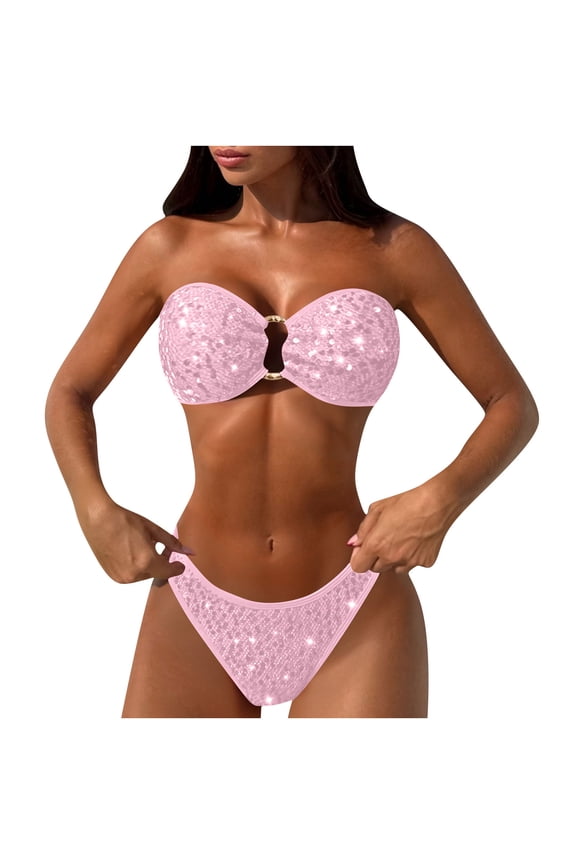 Women's 2 Piece Sequin Bikini Sets Sexy Glitter Strapless Tube Swimsuit High Cut Cheeky Bathing Suits Pink S