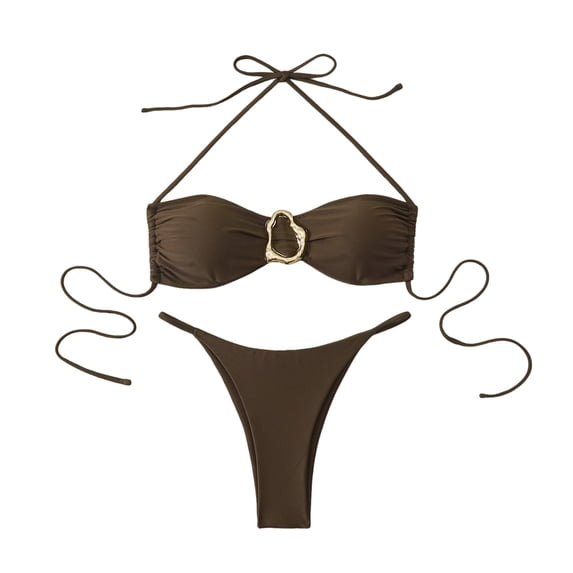 Hduncf Women's 2 Piece Swimsuit Tie String Thong Bikini Set Ring Linked Bathing Suits Cheeky Summer Beach Vacation Outfits Brown M