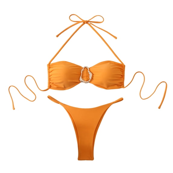 Hduncf Women's 2 Piece Swimsuit Tie String Thong Bikini Set Ring Linked Bathing Suits Cheeky Summer Beach Vacation Outfits Orange S
