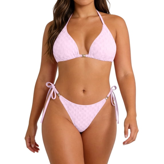Hduncf Women's 2 Piece Textured Bikini Sets Plus Size Tie Side Halter Triangle Bathing Suits Cheeky Thong Swimsuits Pink 2XL