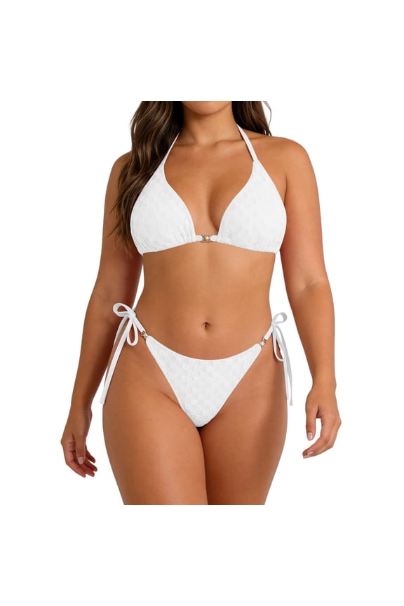 Women's 2 Piece Textured Bikini Sets Plus Size Tie Side Halter Triangle Bathing Suits Cheeky Thong Swimsuits White 1XL