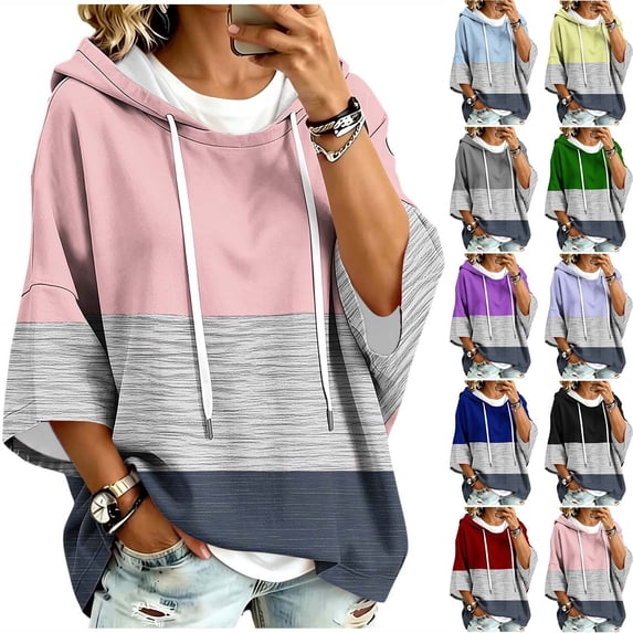 Hduncf Women's 3/4 Sleeve Striped Hoodies Loose Fit Dropped Shoulder ...