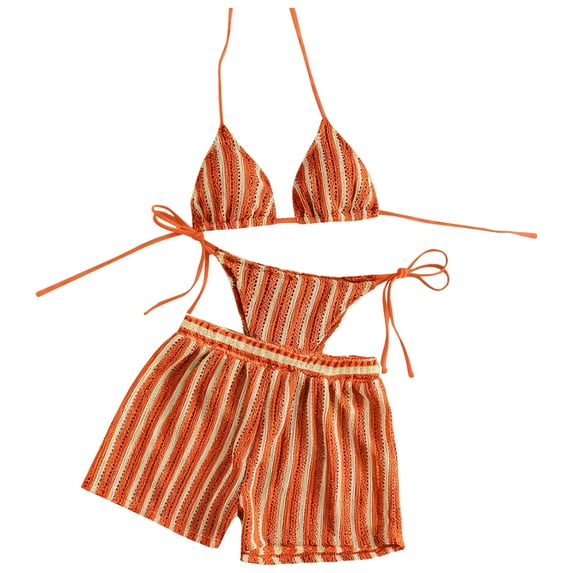 Hduncf Women's 3 Piece Swimsuit Set Boho Bikini Set Textured Hollow Out Halter Triangle Bathing Suit with Cover Up Shorts Orange M