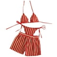 thumbnail image 1 of Hduncf Women's 3 Piece Swimsuit Set Boho Bikini Set Textured Hollow Out Halter Triangle Bathing Suit with Cover Up Shorts Red M, 1 of 7