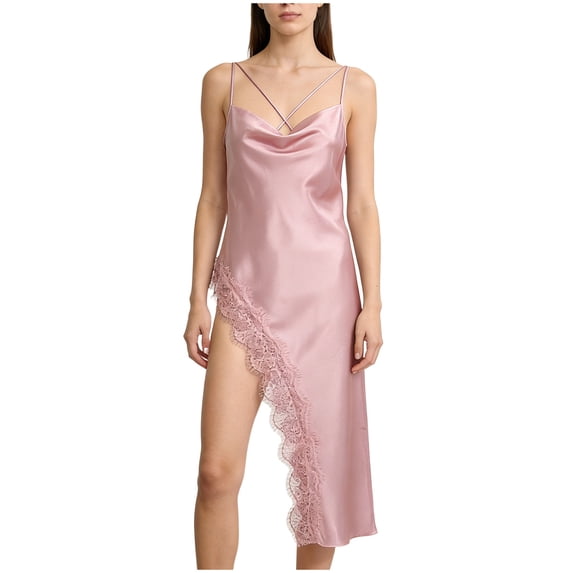 Hduncf Women's Asymmetrical Satin Camisole Nightgown Lace Trim Spaghetti Strap Backless Going Out Slip Dress Pink L