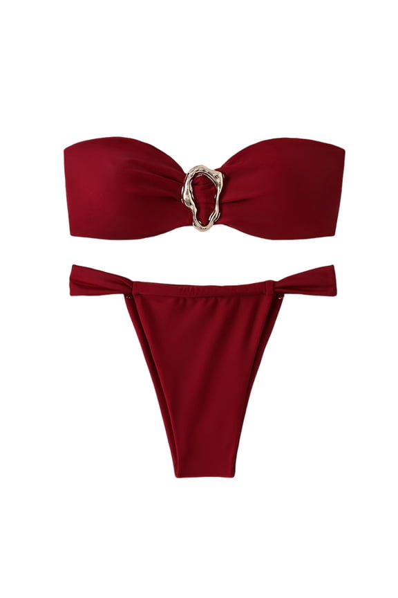 Women's Bikini Set Two Piece Swimsuit Solid Color Strapless Bandeau Ring High Cut Thong Bottom Bathing Suit Red S