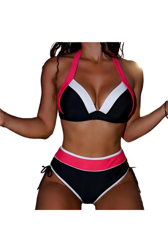Women's Bikini Sets Two Piece Bathing Suit High Waisted Wide Adjustable Straps Color Block Off-Shoulder Set Red XL