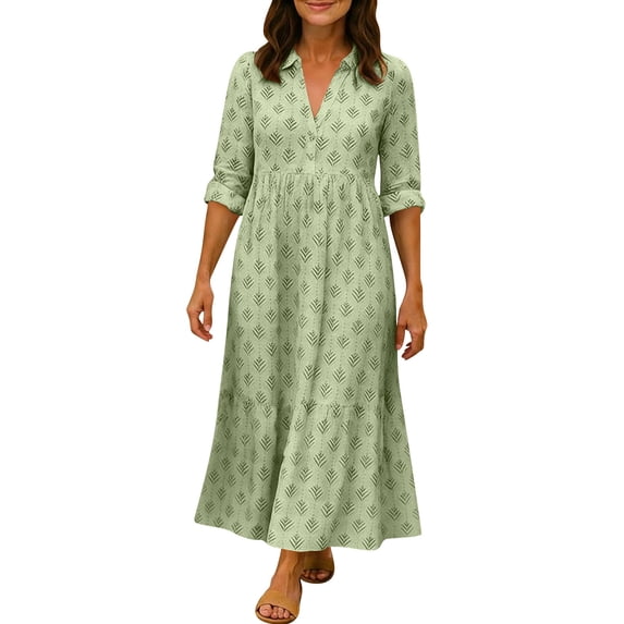 Hduncf Women's Boho Floral Print Long Sleeve Maxi Dress Fashion Summer Casual V Neck Flowy Ruffle Long Dresses Green XL