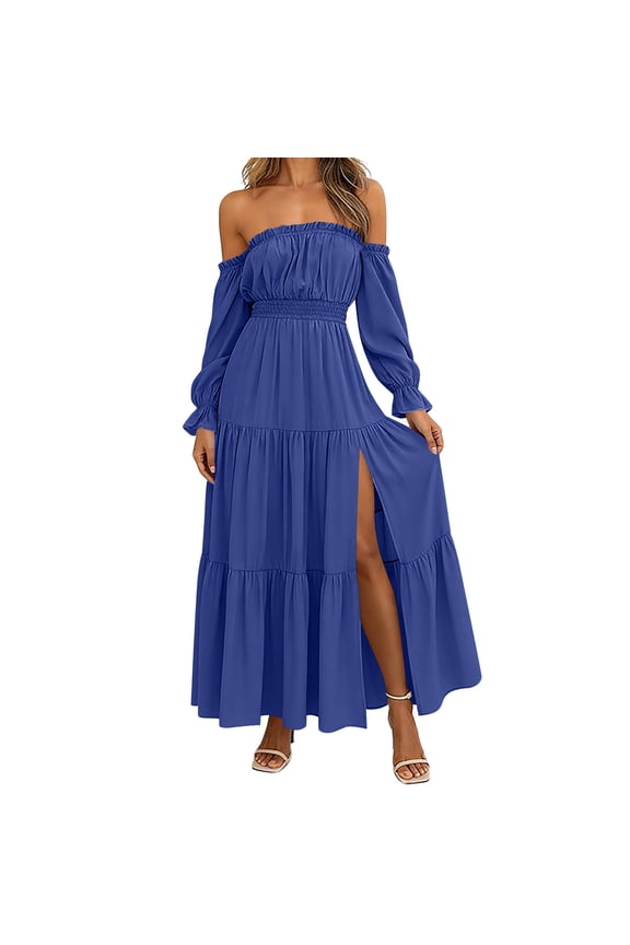 Women's Boho Off Shoulder Long Sleeve Wedding Guest Dress Trendy Spring Summer Side Split Flowy A Line Long Maxi Dresses Blue S