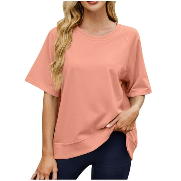 Hduncf Women's Casual Loose T Shirts Oversized Tees Summer Short Sleeve Crew Neck Tunic Tops Basic Tee Shirt Pink S