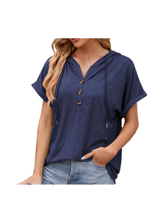 Women's Casual Summer Hoodies Short Sleeve Drawstring Hoodie Tops Button Front V Neck Pullover T-Shirts Tops Navy M