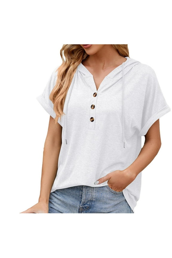 Women's Casual Summer Hoodies Short Sleeve Drawstring Hoodie Tops Button Front V Neck Pullover T-Shirts Tops White M