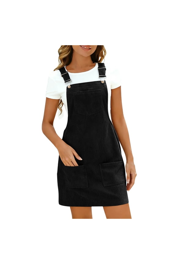 Women's Corduroy Jumper Cute Comfortable Mini Dress Overall Skirt Fashion Multi-Pockets Adjustable Straps Jumpers Black XXL