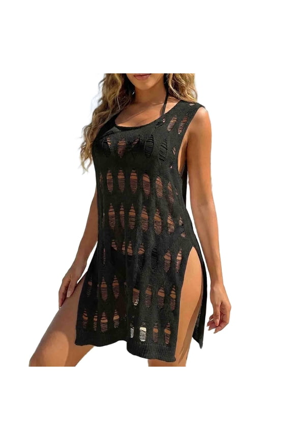 Women's Crochet Hollow Beach Dress, Slit Side Sleeveless Loose Summer Fashion Casual Coverups Vacation Dresses Black Free Size